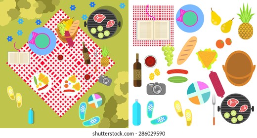 Summer picnic nature landscape with blanket, grill and basket of food, fruits, vegetables, top view. Family holiday outside the city in park camp. Isolated barbeque flat objects on white