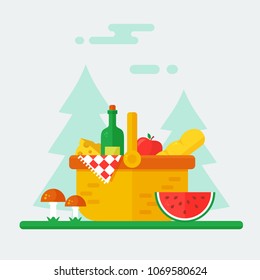 Summer picnic in nature. Vector banner. Basket full of food with wine, cheese, bread, apple, watermelon and checkered blanket. Modern flat illustration.