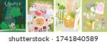 Summer, picnic, nature. Vector cute illustration of forest, objects, couple on a bicycle, picnic and woman in the village on the nature. Drawings for poster, postcard or card.
 
 
