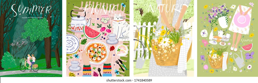 Summer, picnic, nature. Vector cute illustration of forest, objects, couple on a bicycle, picnic and woman in the village on the nature. Drawings for poster, postcard or card.
 
 
