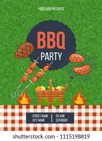 Summer picnic on fresh air, advertising poster bbq party. Invitation, poster template, flyer for passage to event. Summer festive event picnic outdoor in park on lawn, barbecue. Vector illustration.