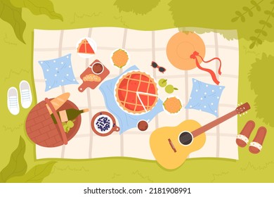 Summer picnic on green grass, top view vector illustration. Cartoon basket with bread and bottle of wine, croissants and pie in plates, hat and guitar for couple to relax in nature background