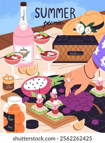 Summer picnic on sea beach card design. Food, drinks, fruits on blanket for romantic date at nature. Eating, having a breakfast outdoors with snacks, cocktails on weekends. Flat vector illustration