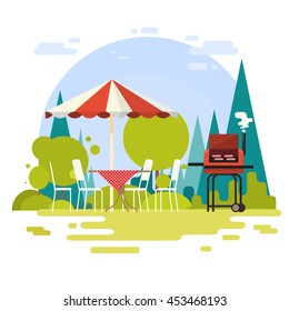 Summer Picnic Outdoors Barbecue Grill Party Flat Vector Illustration