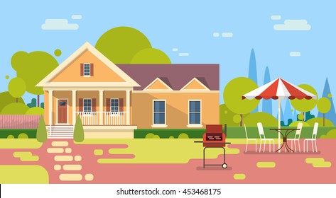 Summer Picnic Outdoors House Barbecue Grill Party Flat Vector Illustration