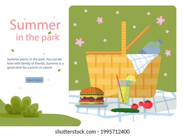 Summer picnic in the park. Burger on a plate on a tablecloth on the grass and lemonade and vegetables, tomatoes, cucumbers. Poster or banner. Concept landing page, web page design for website