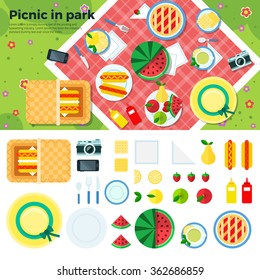 Summer Picnic In Park On The Meadow:  Fruits, Cake, Hotdog, Napkins, Plates, Camera, Cookies, Berries. Top View. Icon Set Flat Design Of Picnic Items. For Banners, Promotion, Presentation Templates