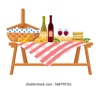 Summer picnic in park on the meadow wine cheese sandwiches Vector flat illustrations and set of element White background. Vector illustration