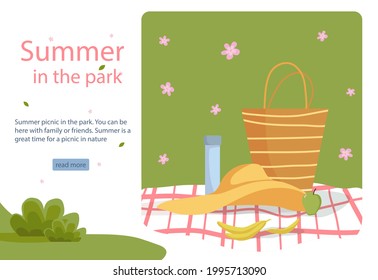 Summer picnic in the park. Straw hat, bag, water bottle and fruit, apples, bananas on a tablecloth on the grass. Poster or banner. Concept landing page, web page design for website, template