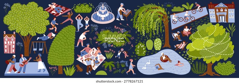 Summer picnic in the park. Vector illustrations of people relaxing, cycling, activities, swimming, playing outdoors, a tree, a lake, a fountain, musicians, a stage, lifestyle, a swing, and yoga exercises.