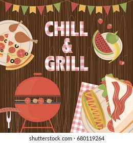 Summer picnic party invitation card with food, fruits, barbecue. Vector flat illustrations 