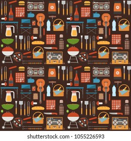 Summer picnic pattern with bbq elements and grilling tools. Barbecue seamless background with grill equipment and appliances in flat design. 