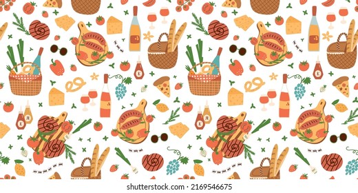 Summer picnic pattern. Vector picnic basket with food seamless pattern, picnic background, summer outdoor print, wallpaper, kitchen tablecloth, food illustration design. Picnic party poster, banner.
