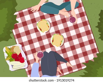 Summer picnic with people illustration. Cartoon style. Basket with food. Field and sky