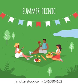 Summer picnic. People on a picnic.Picnic party. Vector