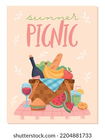 Summer picnic poster. Basket with food and alcoholic drink on bedspread. Holidays on coast, hiking, weekends and vacations. Romantic meeting at spring season. Cartoon flat vector illustration