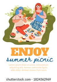 Summer picnic poster or card with cartoon characters of women enjoying food outdoors, flat vector illustration. Picnic party in nature banner design.
