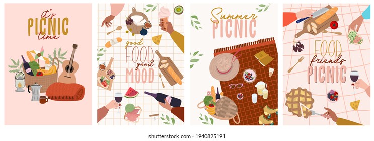 Summer picnic poster or invitation cards set with tasty food and leisure things. Outdoor active rest.  Editable vector illustration.