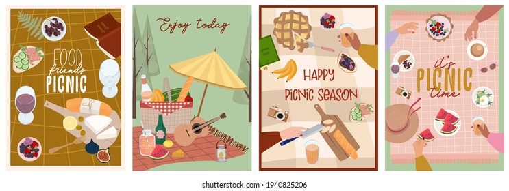 Summer Picnic Poster Or Invitation Cards Set With Tasty Food And Leisure Things. Outdoor Active Rest.  Editable Vector Illustration.