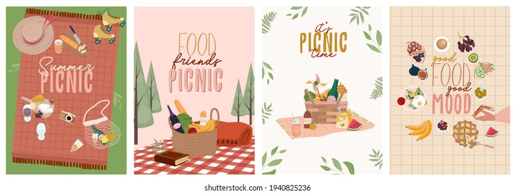 Summer picnic poster or invitation cards set with tasty food and leisure things. Outdoor active rest.  Editable vector illustration.