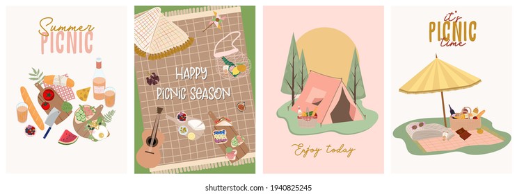 Summer picnic poster or invitation cards set with tasty food and leisure things. Outdoor active rest.  Editable vector illustration.