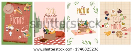 Summer picnic poster or invitation cards set with tasty food and leisure things. Outdoor active rest.  Editable vector illustration.