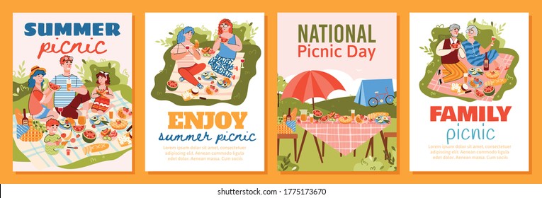 Summer picnic poster template set with cartoon people eating food in nature together. Happy family and couples with blanket and good meal, colorful vector illustration.