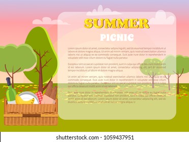 Summer picnic poster text sample and headline nature and basket with food for picnic trees and clouds banner with meal isolated on vector illustration