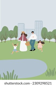 Summer picnic printable poster, People, couples, friends, and families enjoying a picnic in park vector illustration clipart, Images in flat cartoon style, Digital download cards