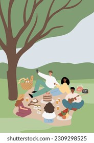 Sommerpicknick-Plakat, Menschen, Paare, Freunde und Familien, die ein Picknick in Park-Vektorgrafik-Clipart-Kunst genießen, Bilder im Stil eines flachen Cartoons, digitale Download-Karten