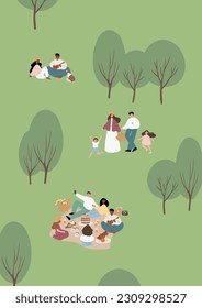 Summer picnic printable poster, People, couples, friends, and families enjoying a picnic in park vector illustration clipart, Images in flat cartoon style, Digital download cards