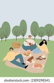 Summer picnic printable poster, People, couples, friends, and families enjoying a picnic in park vector illustration clipart, Images in flat cartoon style, Digital download cards