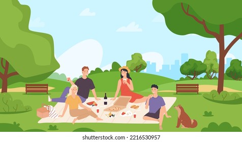 Summer picnic and recreation. Group of friends chilling and eating food in city park. Young man and woman sitting on blanket drinking wine with pizza. Summertime outside activity vector