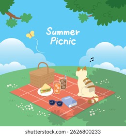 Summer Picnic Scene with Cat, Drinks, and Outdoor Vibes