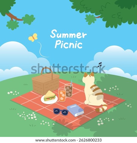 Summer Picnic Scene with Cat, Drinks, and Outdoor Vibes