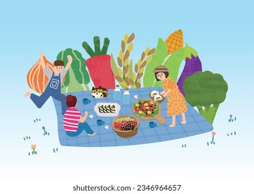 Summer picnic scenes in cartoon style. Vector illustration of picnic.