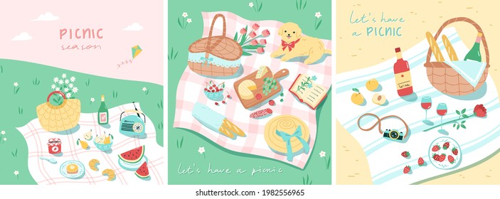 Summer picnic scenes in lovely cartoon style. Vector illustration of picnic baskets, cute dog, wine, pastries. fruits and snacks. Set of three card or banner designs. Summer outdoor dining.