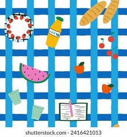 Patrón de picnic de verano sin costura. Impresión de caricaturas. Ilustración dibujada a mano por vectores.
