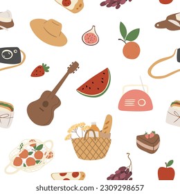 Patrón de picnic de verano ininterrumpido, Gente, parejas, amigos, familias disfrutando de un picnic en papel digital de parque, fondo de casas y árboles, ilustración vectorial clipart, Imágenes al estilo de dibujos planos