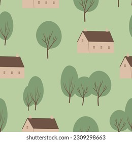 Summer picnic seamless pattern, People, couples, friends, families enjoying a picnic in park digital paper, houses and trees background, vector illustration clipart, Images in flat cartoon style