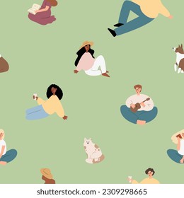 Summer picnic seamless pattern, People, couples, friends, families enjoying a picnic in park digital paper, houses and trees background, vector illustration clipart, Images in flat cartoon style