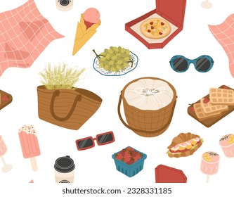 Summer picnic seamless pattern. Repeating design element for printing on fabric. Ice cream and sandwich, waffles. Cocktail, coffee and ice cream. Cartoon flat vector illustration