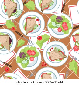 Summer picnic seamless pattern. sandwich, tomatoes, cucumber, napkins on plate on a tablecloth. Summertime