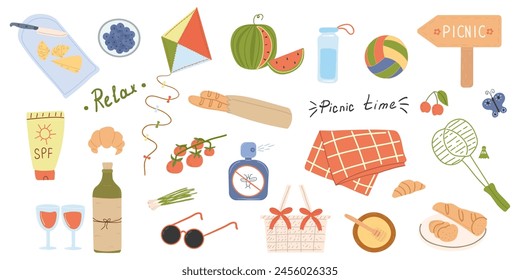 Conjunto de picnic de verano: manta, cesta, pan, vino, queso, arándanos, bádminton, bola. Iconos, señales, Anuncios. Elementos de la colección para vacaciones de verano, para pegatinas.