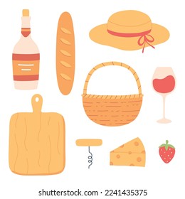 Summer picnic set. Collection of elements for spring picnic. Hat, basket, wine, cheese. Vector illustration. Flat hand drawn style.