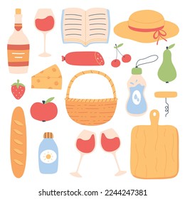 Summer picnic set. Collection of elements for spring picnic. Hat, basket, wine, cheese. Vector illustration. Flat hand drawn style.