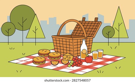 Summer picnic setup in a park with a wicker basket, sandwiches, juice bottle, and fresh fruits on a red checkered blanket.