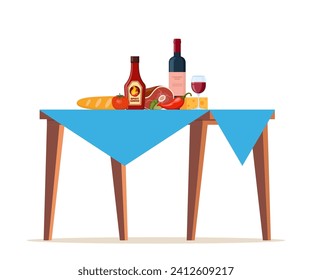 Sommerpicknicktisch mit Tischdecken. Essen auf dem Tisch für Familiengrill, Picknick, Grillparty. Vektorgrafik