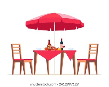 Summer picnic table covered with a tablecloth, chairs and umbrella. Food on the table for family barbecue, picnic, grill party. Vector illustration