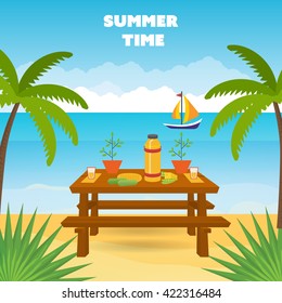 Summer Picnic. Table With Food And Drink. Summer Holidays Vector Background, Picnic, Relax And Tourism On The Beach 